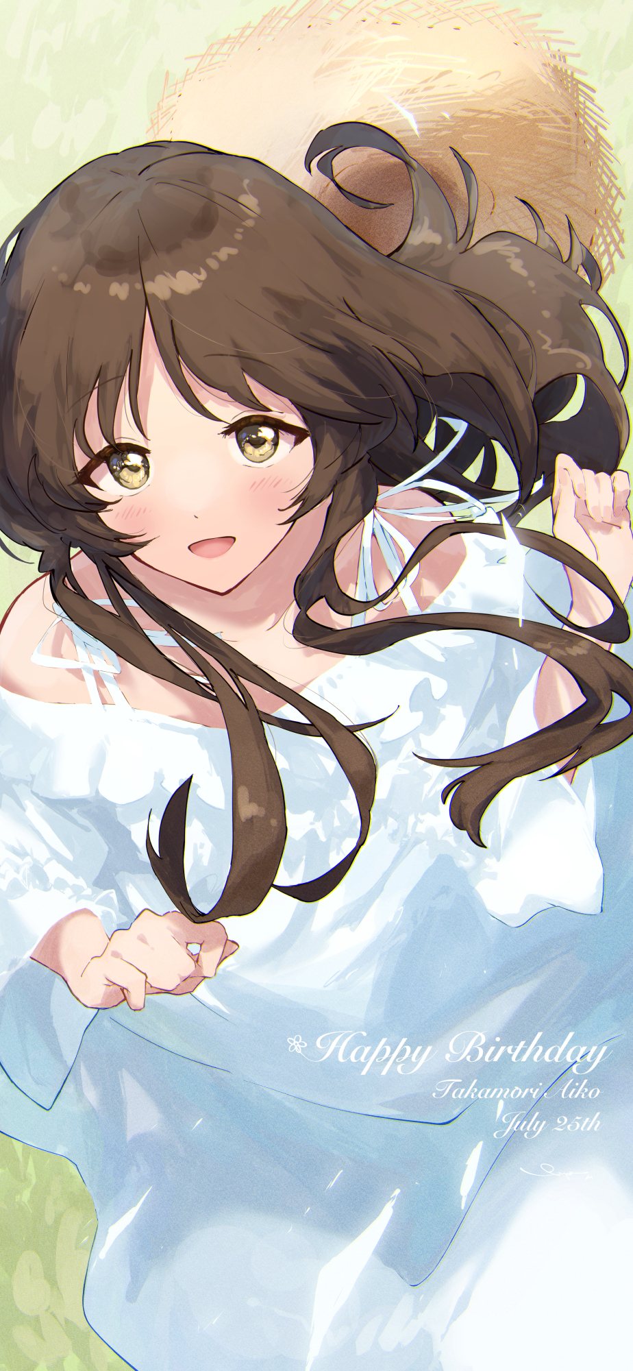 1girl blush brown_hair dated dress floating_hair happy_birthday hat highres idolmaster idolmaster_cinderella_girls idolmaster_cinderella_girls_starlight_stage looking_at_viewer off-shoulder_dress off_shoulder sanpo_(sanpo_1027) smile solo straw_hat takamori_aiko white_dress