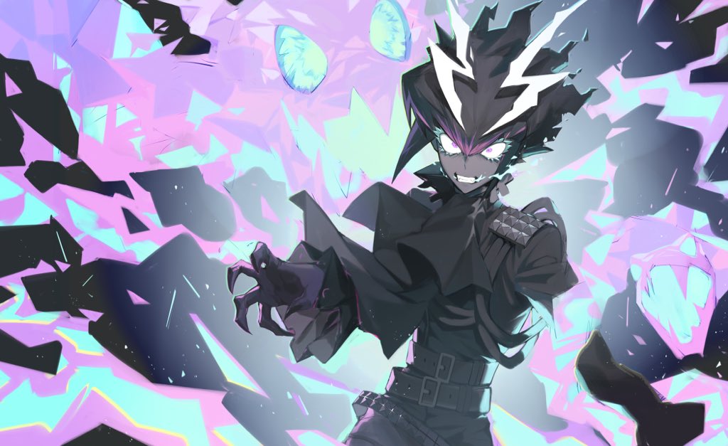 1boy belt black_hair claws clenched_teeth colored_skin electricity eyelashes gloves grey_skin hair_between_eyes inuyama_(inuhill) lio_fotia long_eyelashes male_focus monster multicolored_hair pink_hair promare purple_gloves purple_hair snake studded studded_belt teeth violet_eyes wide-eyed