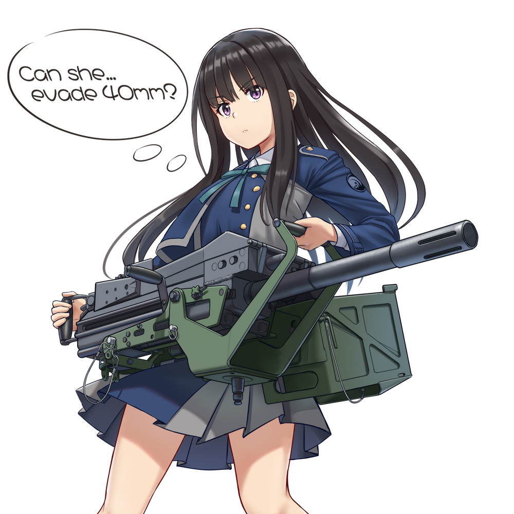 1girl aqua_ribbon black_hair blue_jacket english_text grenade_launcher inoue_takina jacket jpc long_hair looking_at_viewer lycoris_recoil mk19_grenade_launcher neck_ribbon ribbon school_uniform shirt sidelocks simple_background solo thought_bubble weapon white_background white_shirt