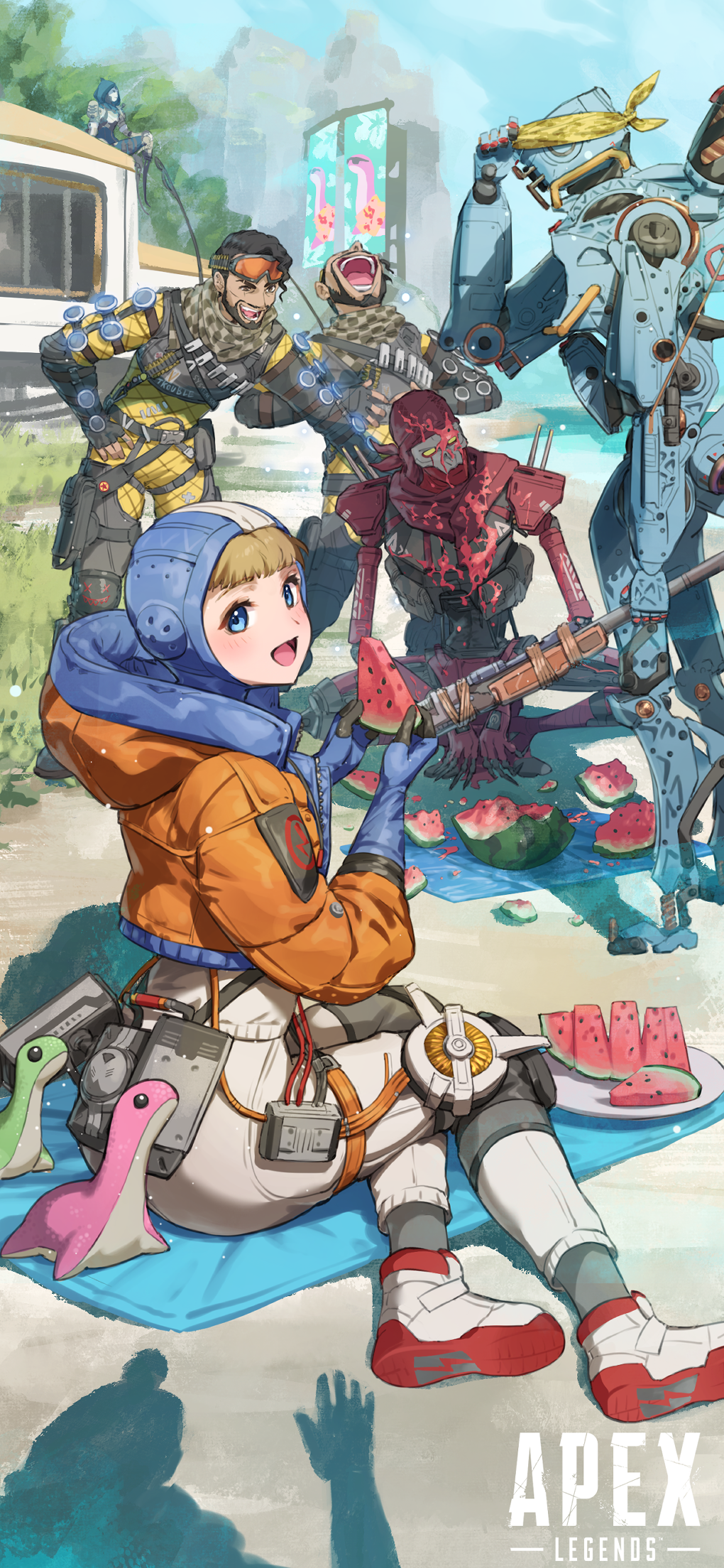 2girls 4boys android apex_legends ash_(titanfall_2) bandana black_hair blonde_hair blush bodysuit clone food fruit goggles goggles_on_head highres hood hood_up hooded_jacket humanoid_robot jacket laughing looking_to_the_side mirage_(apex_legends) multiple_boys multiple_girls nemoto_yuuma nessie_(respawn) official_art open_mouth orange_jacket pathfinder_(apex_legends) promotional_art red_bandana revenant_(apex_legends) science_fiction shadow shoes simulacrum_(titanfall) sitting smile sneakers storm_point_(apex_legends) stuffed_toy suikawari watermelon wattson_(apex_legends) white_bodysuit white_footwear wraith_(apex_legends) yellow_bodysuit