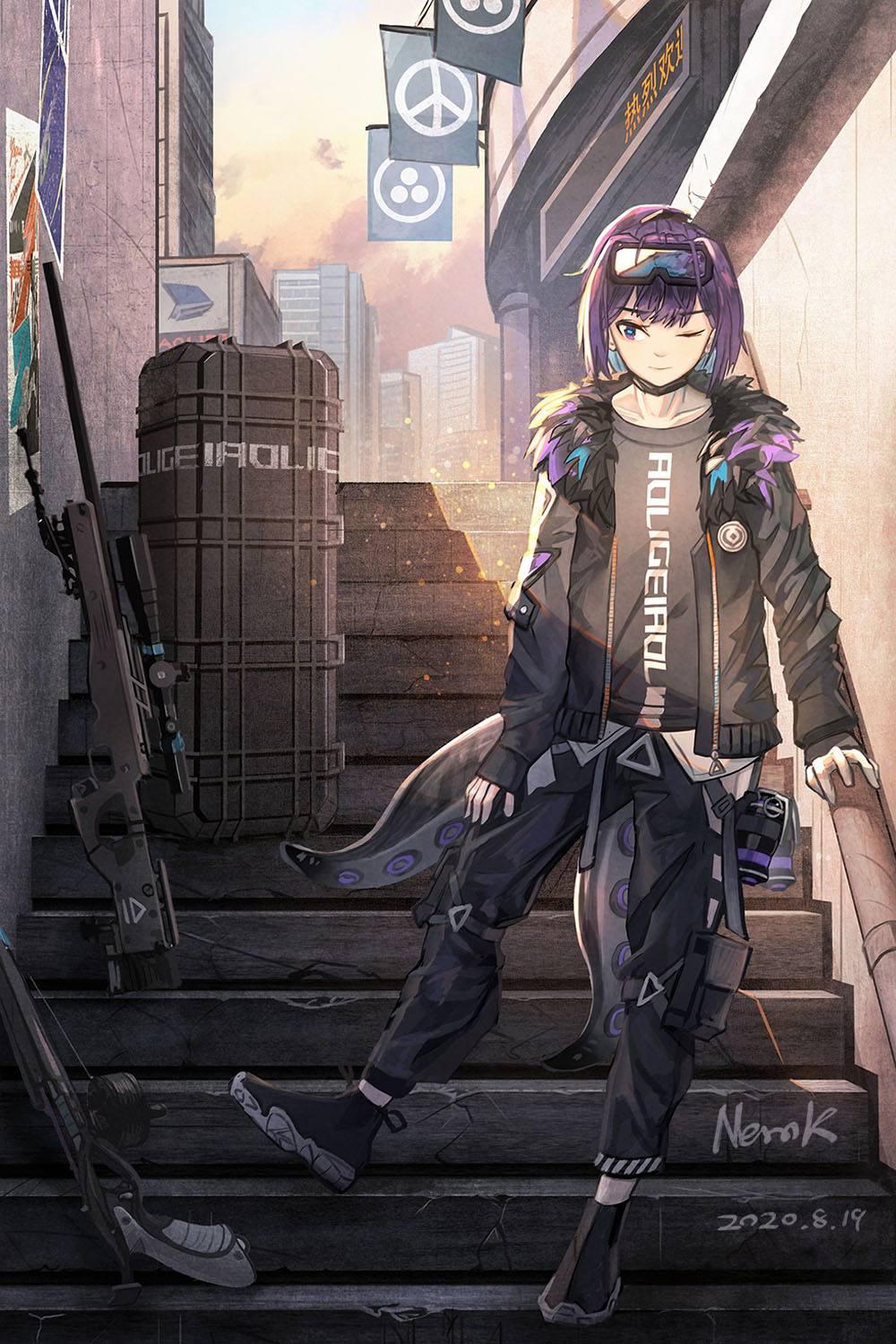 1girl andreana_(arknights) arknights artist_name black_footwear black_jacket black_mask black_panties black_pants black_shirt blue_eyes city clothes_writing collarbone dated full_body fur-trimmed_jacket fur_trim goggles goggles_on_head gun highres jacket long_sleeves looking_at_viewer mask mask_pull mouth_mask nerok one_eye_closed open_clothes open_jacket panties pants poster_(object) purple_hair railing rifle scenery shirt shoes short_hair sniper_rifle solo stairs standing tentacles thigh_pouch underwear weapon