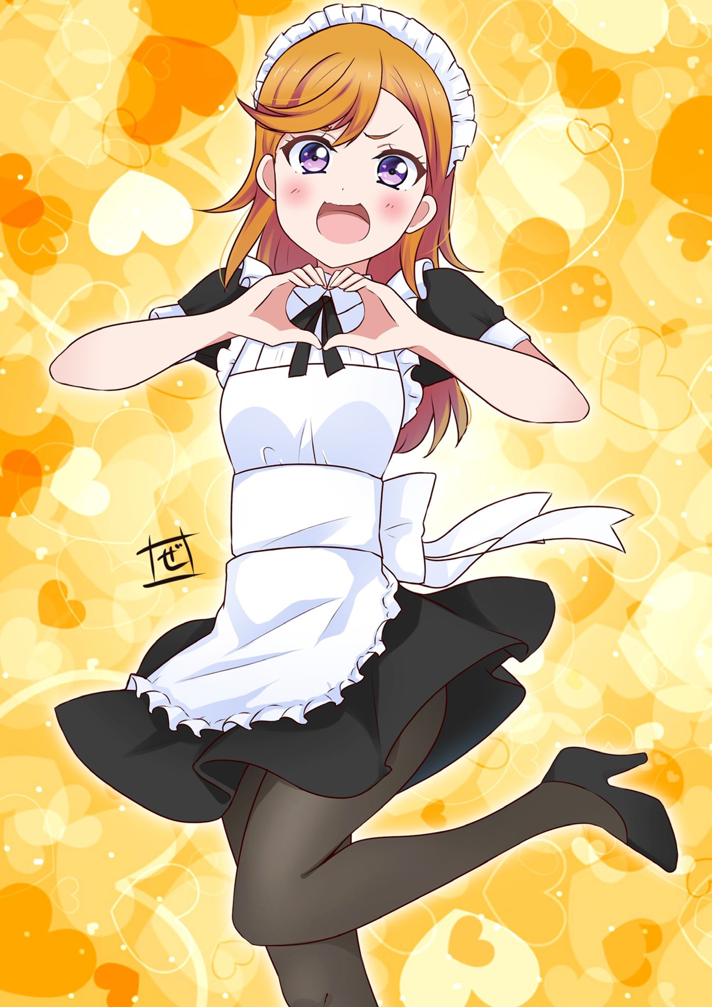 1girl :d alternate_costume apron bangs black_dress black_footwear black_pantyhose blush bow commentary_request dress enmaided eyebrows_hidden_by_hair foot_up heart heart_background heart_hands high_heels highres long_hair looking_at_viewer love_live! love_live!_superstar!! maid maid_headdress multiple_sources nervous_smile open_mouth orange_background orange_hair pantyhose partial_commentary puffy_short_sleeves puffy_sleeves shibuya_kanon short_dress short_sleeves signature smile solo split_mouth standing standing_on_one_leg swept_bangs v-shaped_eyebrows violet_eyes waist_bow white_bow zero-theme