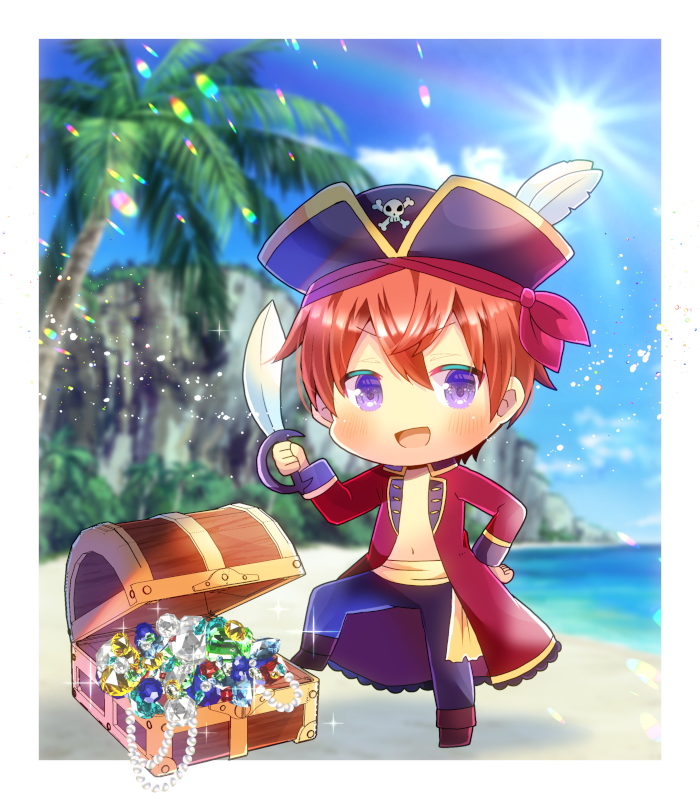 1boy :d bangs black_headwear blue_gemstone blue_pants blue_sky blurry blurry_background boots brown_footwear chibi clouds coat commentary_request commission copyright_request cutlass_(sword) day depth_of_field gem hair_between_eyes hat holding holding_sword holding_weapon jewelry kou_hiyoyo looking_at_viewer male_focus navel necklace no_shoes open_clothes open_coat orange_hair outdoors palm_tree pants pearl_necklace pirate_hat red_coat skeb_commission skull_and_crossbones sky smile solo sun sword treasure_chest tree v-shaped_eyebrows violet_eyes virtual_youtuber water weapon yellow_gemstone