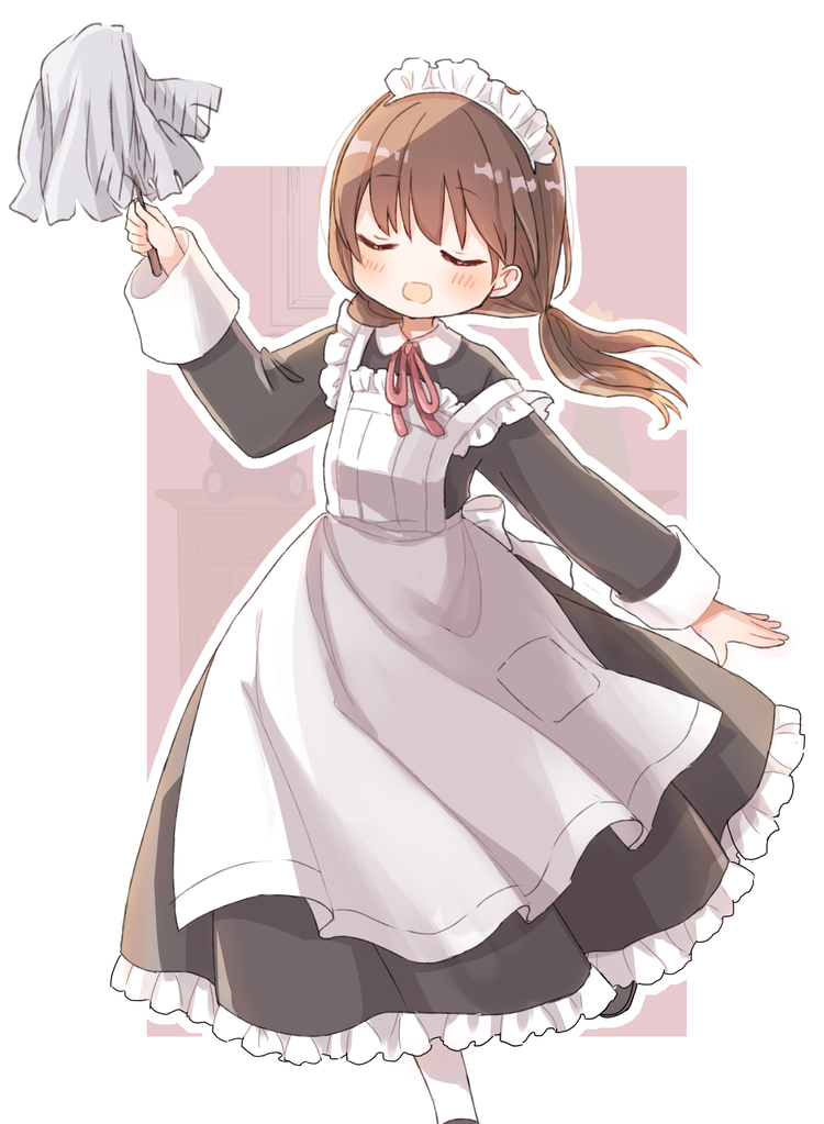 1girl apron bangs black_dress blush border brown_hair closed_eyes dress duster frilled_apron frilled_dress frills holding holding_duster kiri_(hakobato) leg_up long_hair long_sleeves maid maid_apron maid_headdress neck_ribbon open_hand open_mouth original pink_background pink_ribbon ribbon side_ponytail sleeves_rolled_up solo standing white_border