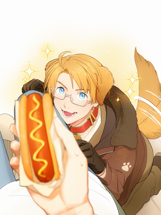 2boys ahoge america_(hetalia) animal_ears axis_powers_hetalia blonde_hair blue_eyes bomber_jacket collar commentary couch dog_boy dog_ears facial_hair food gloves holding holding_food hot_dog jacket kemonomimi_mode kneeling littleb623 looking_at_viewer looking_up male_focus multiple_boys mustache sparkle sweatdrop symbol-only_commentary tail tail_wagging