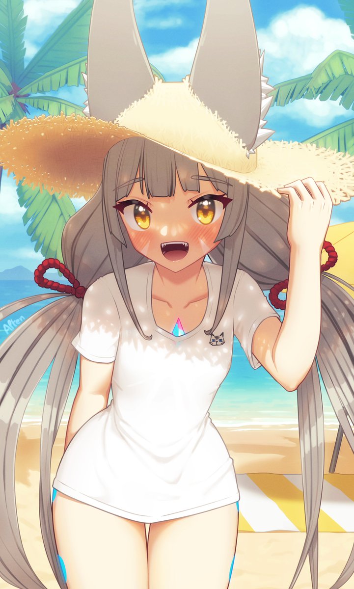 1girl alten alternate_costume animal_ears beach breasts cat_ears chest_jewel facial_mark fangs hat highres long_hair low_twintails nia_(blade)_(xenoblade) nia_(xenoblade) open_mouth small_breasts solo straw_hat sun_hat twintails very_long_hair xenoblade_chronicles_(series) xenoblade_chronicles_2 yellow_eyes
