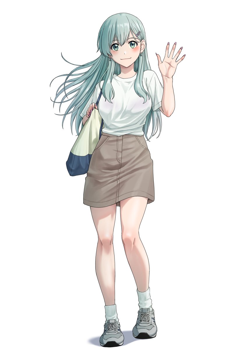 1girl alternate_costume aqua_eyes aqua_hair brown_skirt commentary_request full_body hair_ornament hairclip highres kantai_collection long_hair looking_at_viewer mikan_29344886 shirt shoes simple_background skirt smile sneakers socks solo suzuya_(kancolle) waving white_background white_shirt white_socks