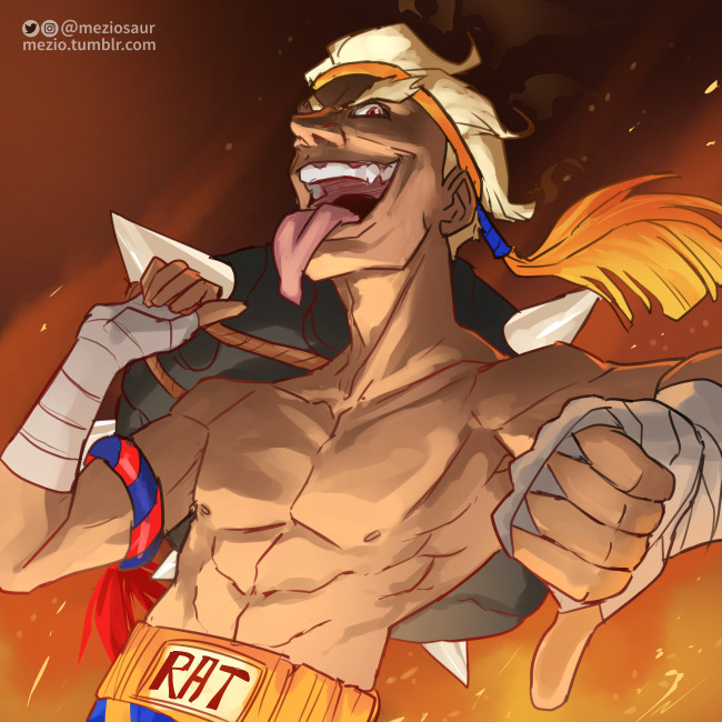 1boy adon_(street_fighter) adon_(street_fighter)_(cosplay) blonde_hair clothes_writing cosplay english_commentary english_text hand_wraps headband junkrat_(overwatch) looking_at_viewer meziosaur open_mouth orange_headband overwatch red_eyes spikes street_fighter thumbs_down tire tongue tongue_out topless_male