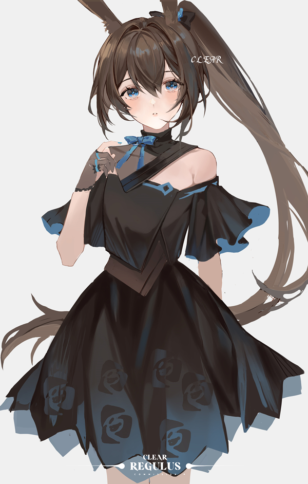 1girl alternate_costume amiya_(arknights) animal_ears arknights artist_name bangs black_dress blue_bow blue_eyes blue_nails blush bow brown_gloves brown_hair clear_regulus cowboy_shot detached_collar dress floral_print gloves jewelry long_hair looking_at_viewer multiple_rings nail_polish off-shoulder_dress off_shoulder parted_lips partially_fingerless_gloves ponytail print_dress rabbit_ears ring rose_print short_sleeves solo very_long_hair