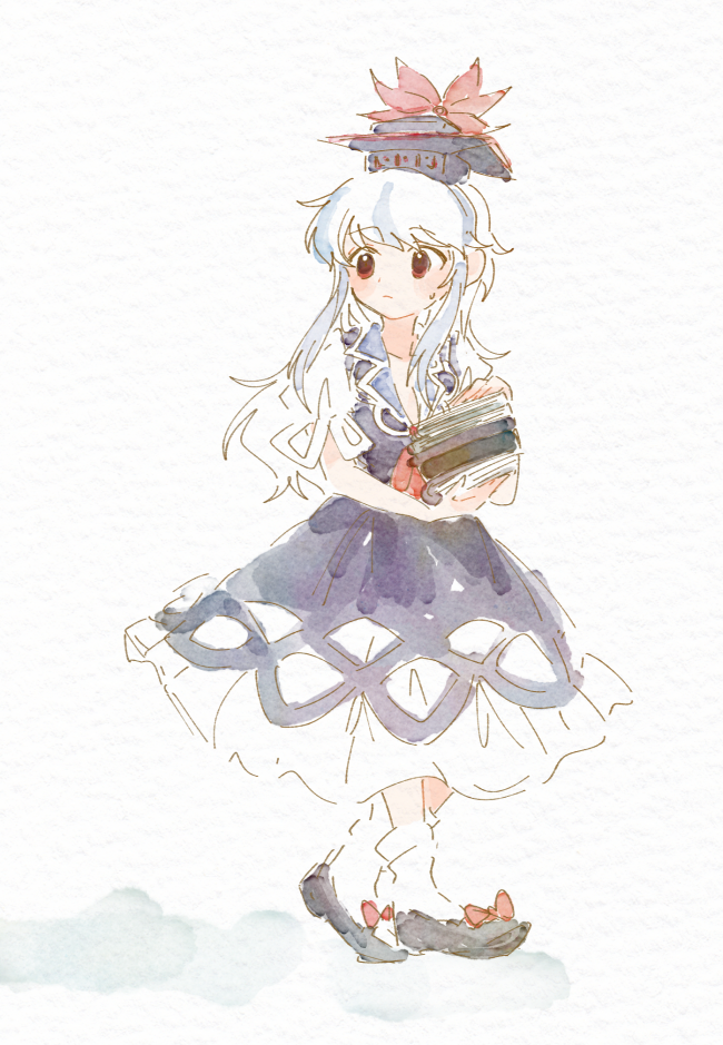 1girl ankle_socks bad_proportions bangs black_footwear blue_dress book book_stack bow closed_mouth dress flats footwear_bow full_body hand_up hat holding holding_book itomugi-kun kamishirasawa_keine light_blue_hair light_frown long_dress long_hair looking_away neckerchief pale_color puffy_short_sleeves puffy_sleeves raised_eyebrow red_bow red_eyes red_neckerchief shoes short_sleeves simple_background socks solo standing tareme tokin_hat touhou white_background white_socks