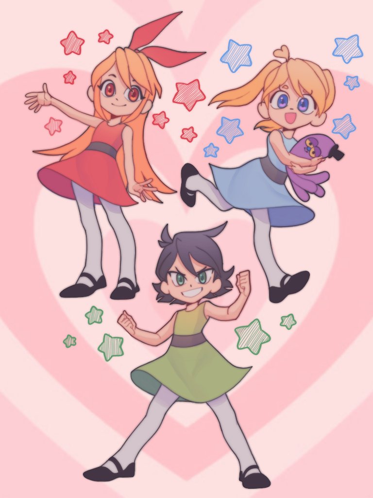 3girls :d black_hair blonde_hair blossom_(ppg) blue_dress blue_eyes bubbles_(ppg) buttercup_(ppg) closed_mouth doll dress full_body green_dress green_eyes grin hair_ornament heart holding holding_doll long_hair mrfishcorpse multiple_girls open_mouth orange_hair powerpuff_girls red_dress red_eyes running short_hair sleeveless sleeveless_dress smile standing star_(symbol) two_side_up v-shaped_eyebrows