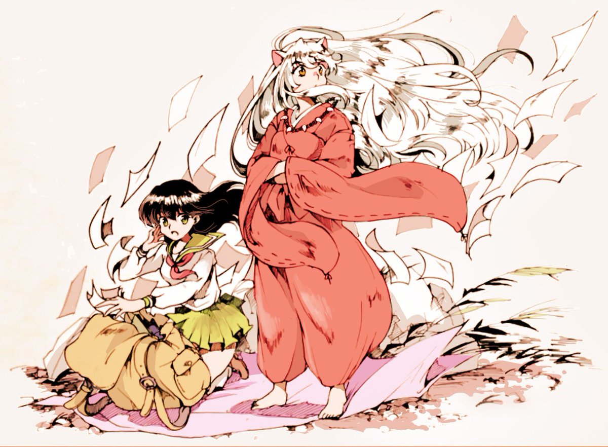 1boy 1girl animal_ears backpack bag barefoot bead_necklace beads black_hair breasts crossed_arms dog_ears flying_paper full_body green_sailor_collar green_skirt hair_between_eyes hakama hand_to_own_face higurashi_kagome inuyasha inuyasha_(character) japanese_clothes jewelry kneeling long_hair long_sleeves makochan medium_breasts neckerchief necklace open_mouth pants paper pleated_skirt red_neckerchief red_pants red_shirt sailor_collar school_uniform shirt skirt standing white_hair white_shirt wide_sleeves wind