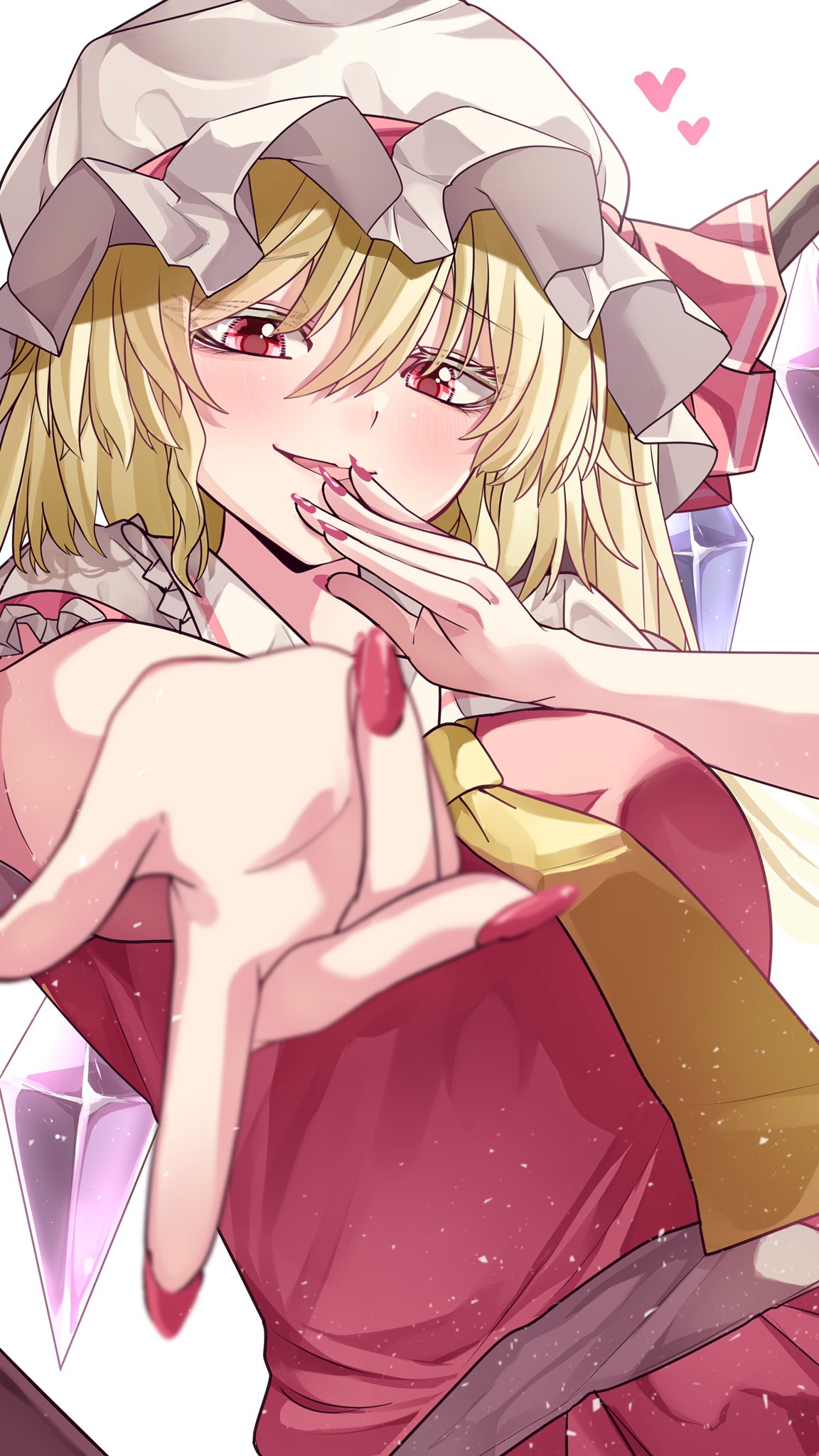 1girl blonde_hair breasts collared_shirt flandre_scarlet frilled_shirt_collar frills hand_on_own_face hat hat_ribbon heart highres looking_at_viewer maboroshi_mochi medium_breasts mob_cap puffy_short_sleeves puffy_sleeves red_eyes red_skirt red_vest ribbon shirt short_hair short_sleeves skirt smile touhou vest white_background white_headwear white_shirt wings