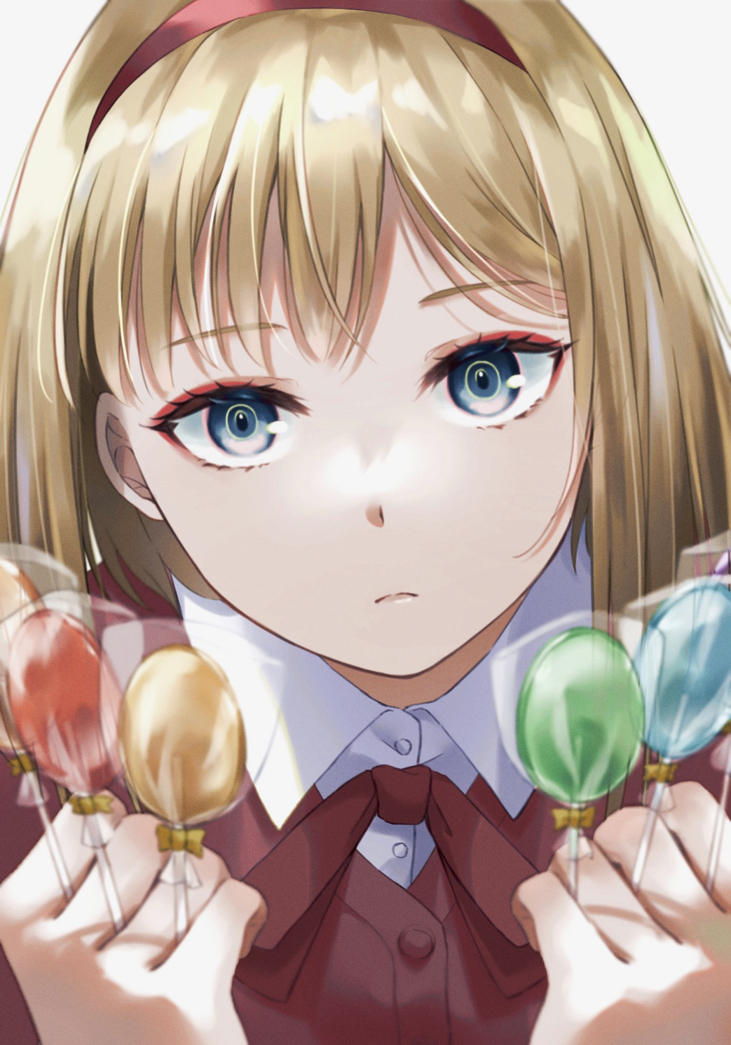 1girl bangs blonde_hair blue_eyes candy closed_mouth collared_shirt commentary_request destiny_(takt_op.) expressionless food hairband highres holding holding_candy holding_food holding_lollipop lollipop looking_at_viewer medium_hair nana_se30 neck_ribbon partial_commentary portrait red_hairband red_ribbon ribbon shirt solo takt_op._destiny white_shirt