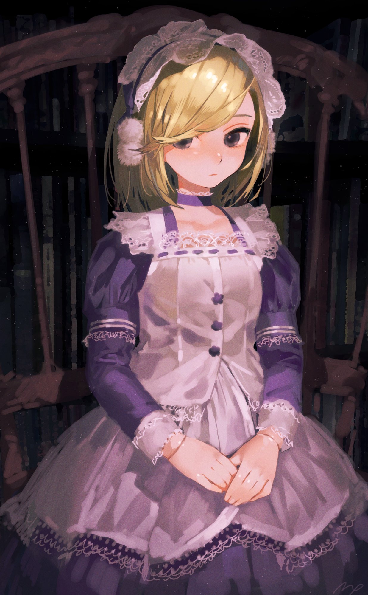 1girl bangs blonde_hair buttons chair closed_mouth collar dress expressionless film_grain grey_eyes hair_over_one_eye hairband highres lace-trimmed_collar lace-trimmed_dress lace-trimmed_hairband lace_trim light_blush light_particles long_sleeves looking_to_the_side maeya_susumu medium_hair original own_hands_together pom_pom_(clothes) purple_collar purple_dress purple_hairband purple_ribbon ribbon ribbon-trimmed_dress sitting solo striped_sleeves swept_bangs two-tone_dress white_dress