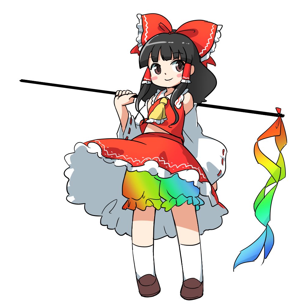 1girl ascot black_hair bloomers bow brown_footwear closed_mouth frilled_ascot frilled_bow frilled_hair_tubes frilled_skirt frills full_body gohei hair_bow hair_tubes hakurei_reimu happy itatatata kneehighs long_hair midriff rainbow_gradient red_bow red_skirt red_vest simple_background skirt smile socks solo touhou underwear vest white_background white_socks yellow_ascot