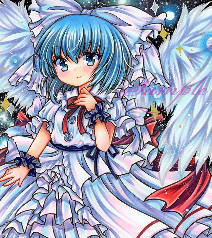 1girl bangs black_ribbon black_wrist_cuffs blue_eyes blue_hair blush bow buttons closed_mouth cowboy_shot dress feathered_wings frilled_bow frilled_cuffs frilled_dress frills hair_between_eyes hair_bow hand_up looking_at_viewer mai_(touhou) marker_(medium) neck_ribbon puffy_short_sleeves puffy_sleeves red_ribbon ribbon rui_(sugar3) sample_watermark short_hair short_sleeves smile solo sparkle standing touhou touhou_(pc-98) traditional_media white_bow white_dress white_wings wings wrist_cuffs