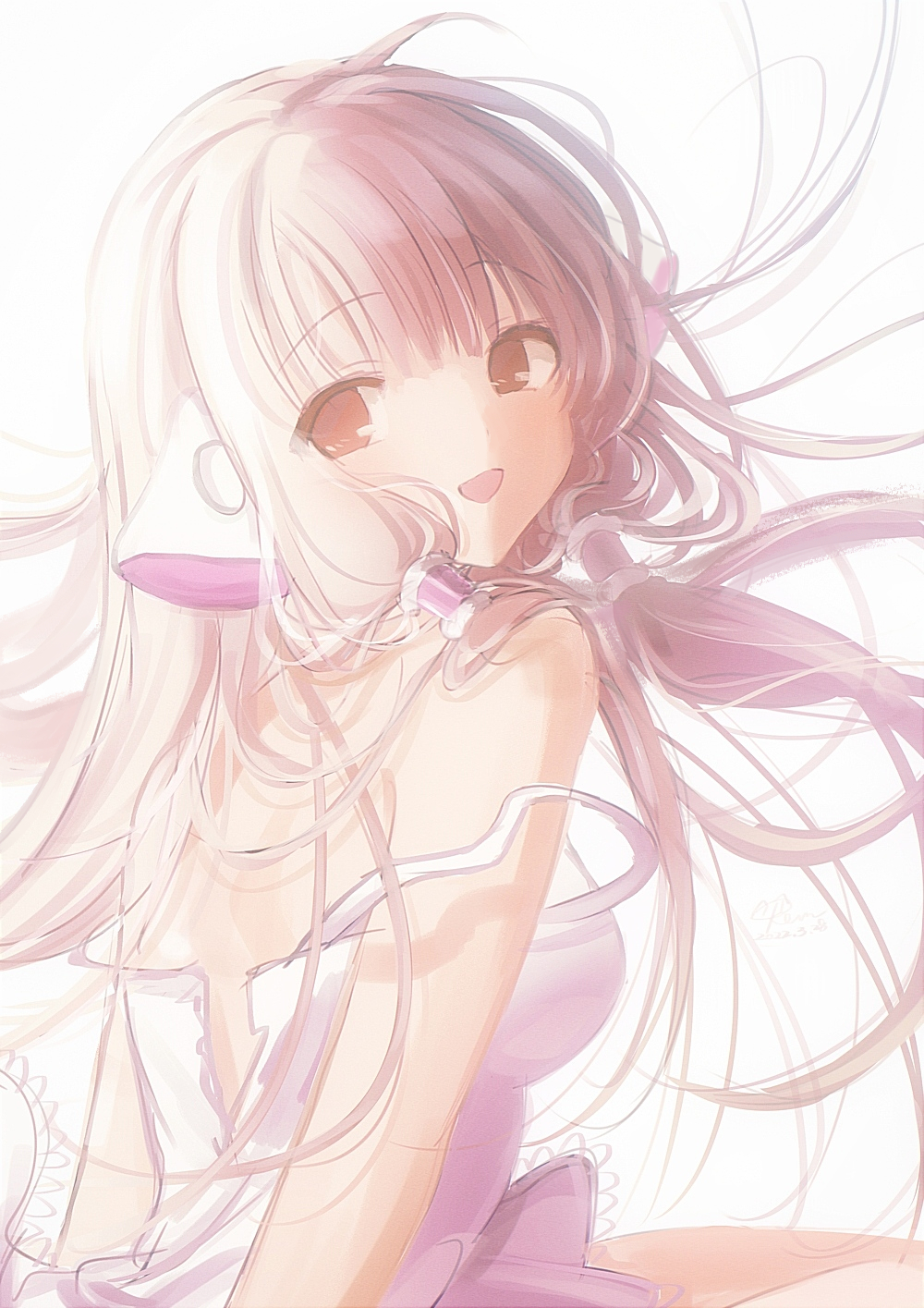 1girl :d android blonde_hair brown_eyes chii chobits dress from_behind hair_tubes highres kevn long_hair looking_at_viewer looking_back robot_ears simple_background sleeveless smile solo strap_slip very_long_hair white_background white_dress