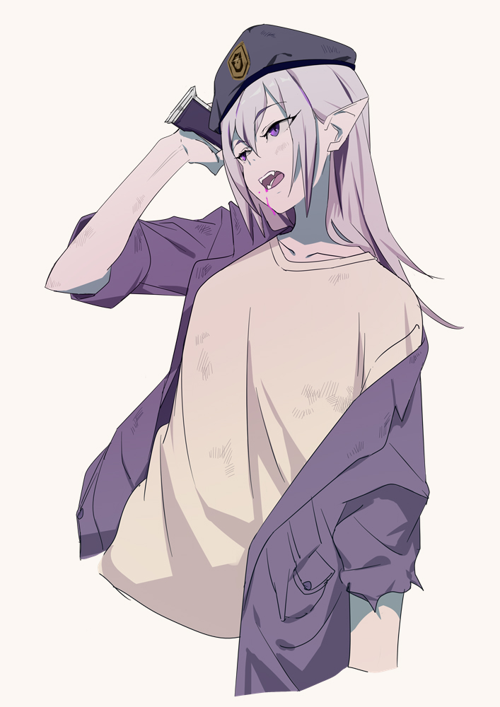 1girl arm_up bangs beret blood cropped_torso dirty dirty_clothes fangs grey_background grey_hair hat jacket long_hair multicolored_hair off_shoulder open_mouth original pink_blood pointy_ears purple_jacket shirt simple_background sleeves_rolled_up sohin solo upper_body violet_eyes