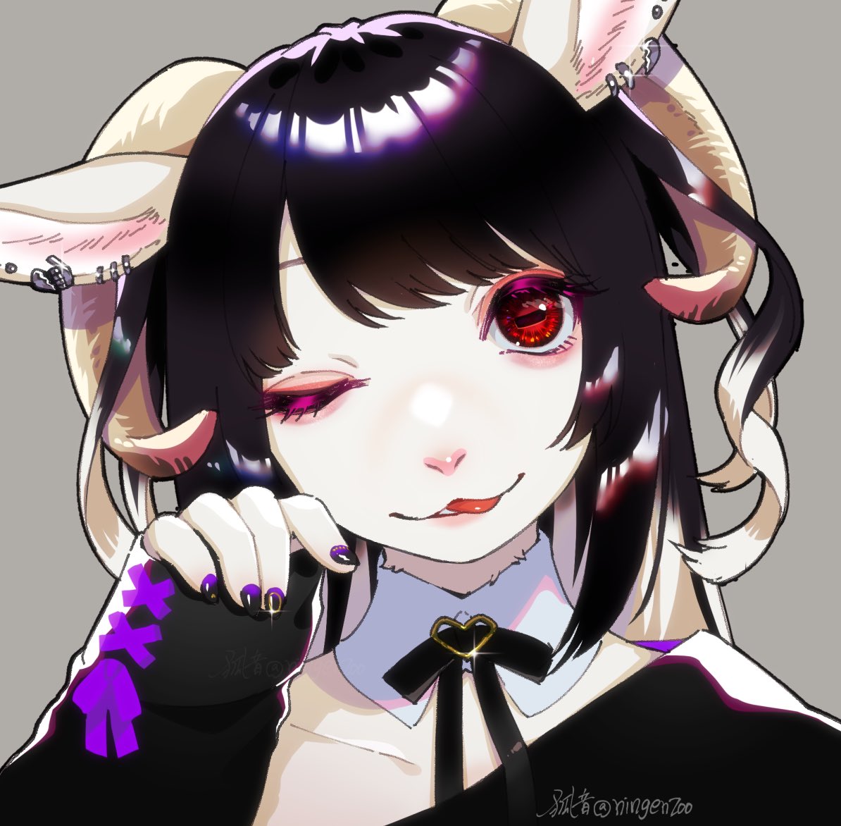 1girl :3 animal_ears black_hair black_nails black_ribbon body_fur colored_tips cross-laced_sleeves detached_collar ear_piercing furry furry_female grey_background hand_up head_tilt horizontal_pupils horns ko-on_(ningen_zoo) long_hair long_sleeves looking_at_viewer multicolored_hair neck_ribbon one_eye_closed original piercing portrait red_eyes ribbon sheep_ears sheep_girl sheep_horns sleeves_past_wrists solo tongue tongue_out twitter_username two-tone_hair white_fur white_hair white_nails