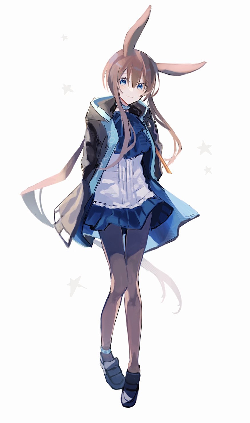 1girl amiya_(arknights) animal_ears anklet arknights arms_behind_back ascot black_footwear black_jacket black_pantyhose blue_ascot blue_collar blue_eyes blue_skirt blush brown_hair collar commentary full_body highres jacket jewelry long_hair looking_at_viewer neck_ring open_clothes open_jacket pantyhose pleated_skirt ponytail rabbit_ears rabbit_girl rabbit_tail shinooooo22 shirt shoes sidelocks simple_background skirt smile solo standing tail very_long_hair white_background white_shirt