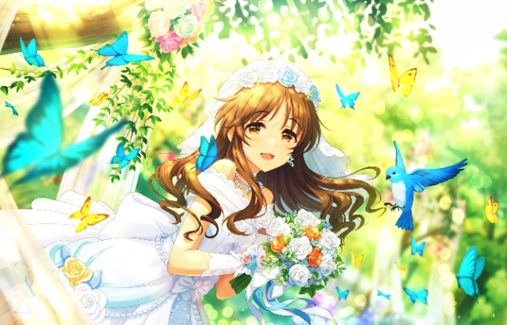 bride brown_eyes brown_hair dress idolmaster_cinderella_girls_starlight_stage long_hair smile takamori_aiko wedding