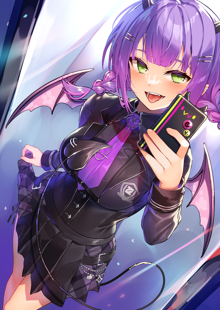 1girl :d black_shirt black_skirt braid breasts demon_horns demon_tail demon_wings dutch_angle green_eyes hair_ornament hairclip holding holding_phone hololive horns kibanda_gohan large_breasts low_twintails mini_wings miniskirt necktie open_mouth phone pleated_skirt purple_hair shirt skirt smile solo standing tail tokoyami_towa tongue tongue_out twin_braids twintails virtual_youtuber wings