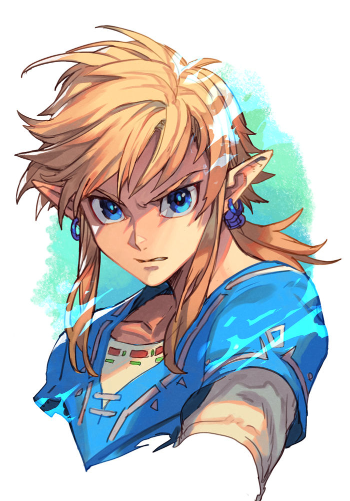 1boy bangs blonde_hair blue_eyes blue_tunic clenched_teeth earrings hankuri jewelry link long_hair looking_at_viewer low_ponytail male_focus outstretched_arm pointy_ears portrait shirt sidelocks solo teeth the_legend_of_zelda the_legend_of_zelda:_breath_of_the_wild white_shirt