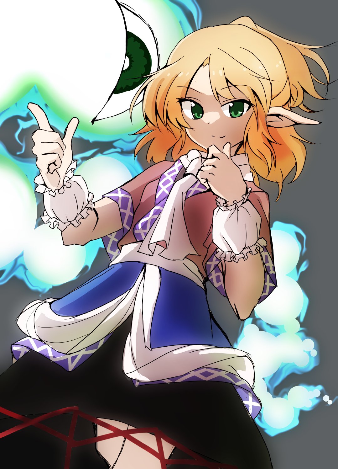 1girl arm_warmers bangs blonde_hair closed_mouth cowboy_shot green_eyes grey_background half_updo highres looking_at_viewer mizuhashi_parsee multicolored_clothes pointy_ears scarf shinmon_akika short_hair short_sleeves simple_background solo standing touhou white_scarf