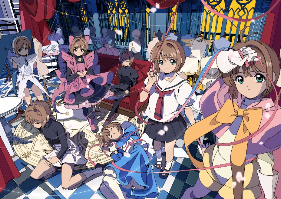 1girl ahoge alternate_costume animal_ears bell black_dress black_footwear blue_dress boots bow bowtie brown_hair cardcaptor_sakura cat_ears checkered_floor closed_eyes clothes commentary couch curtains dress dummy edoya_inuhachi elbow_gloves fake_animal_ears fake_wings full_body gloves green_eyes hair_intakes hat indoors jester_cap kinomoto_sakura looking_at_viewer magic_circle mannequin mary_janes medium_hair multiple_persona neck_bell neck_ribbon official_alternate_costume on_couch on_floor pantyhose ribbon rug school_uniform shoes sitting skirt socks symbol-only_commentary table tomoeda_elementary_school_uniform window wings