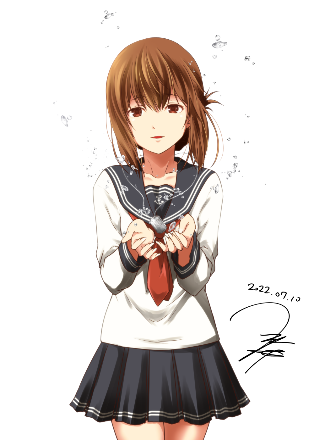 1girl anchor_symbol black_sailor_collar black_skirt brown_eyes brown_hair cowboy_shot dated dog_tags folded_ponytail hair_between_eyes highres inazuma_(kancolle) kantai_collection long_hair long_sleeves neckerchief open_mouth pleated_skirt red_neckerchief sailor_collar school_uniform serafuku signature simple_background skirt smile solo white_background yua_(checkmate)