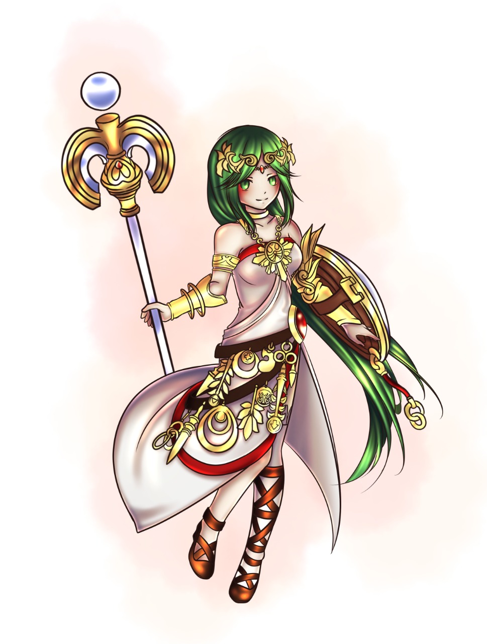 1girl bare_shoulders bengbenu blush breasts choker commission commissioner_upload female_solo full_body green_eyes green_hair holding_staff long_dress matching_hair/eyes necklace palutena parted_bangs shield side_slit single_thighhigh smile solo solo_female strapless_dress very_long_hair white_dress white_thighhighs