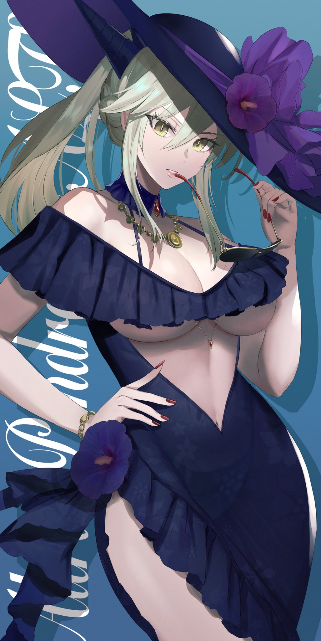 1girl artoria_pendragon_(fate) artoria_pendragon_(lancer_alter)_(fate) blonde_hair bracelet breasts dolce_(dolsuke) eyewear_removed fate/grand_order fate_(series) hand_on_hip hat highres holding holding_eyewear horns jewelry large_breasts lips nail_polish navel necklace red_nails revealing_clothes sun_hat sunglasses tagme under_boob yellow_eyes