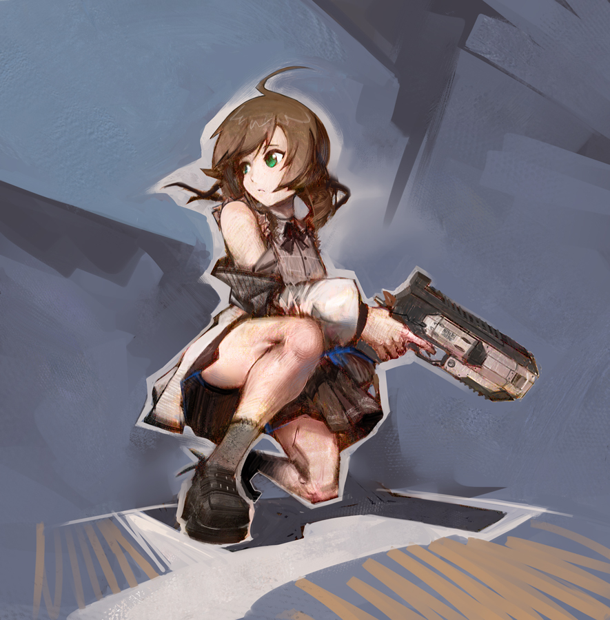 1girl ahoge aqua_eyes b3_wingman bangs black_bow black_bowtie black_footwear blue_background bow bowtie brown_hair brown_skirt clothing_cutout drill_hair grey_shirt grey_socks gun holding holding_gun holding_weapon hololive jacket laced_ends looking_to_the_side medium_hair natsuiro_matsuri one_knee plaid plaid_shirt shirt shoes shoulder_cutout skirt socks solo twin_drills virtual_youtuber weapon white_jacket