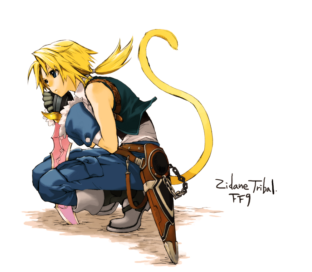 1boy aqua_vest bangs bare_shoulders belt blonde_hair blue_eyes blue_pants boots character_name cuffs dagger final_fantasy final_fantasy_ix full_body gloves holding holding_dagger holding_weapon knife long_hair looking_to_the_side low_ponytail male_focus monkey_tail nanami_(fuku) pants parted_bangs shirt sleeveless sleeveless_shirt squatting tail weapon white_background white_shirt zidane_tribal