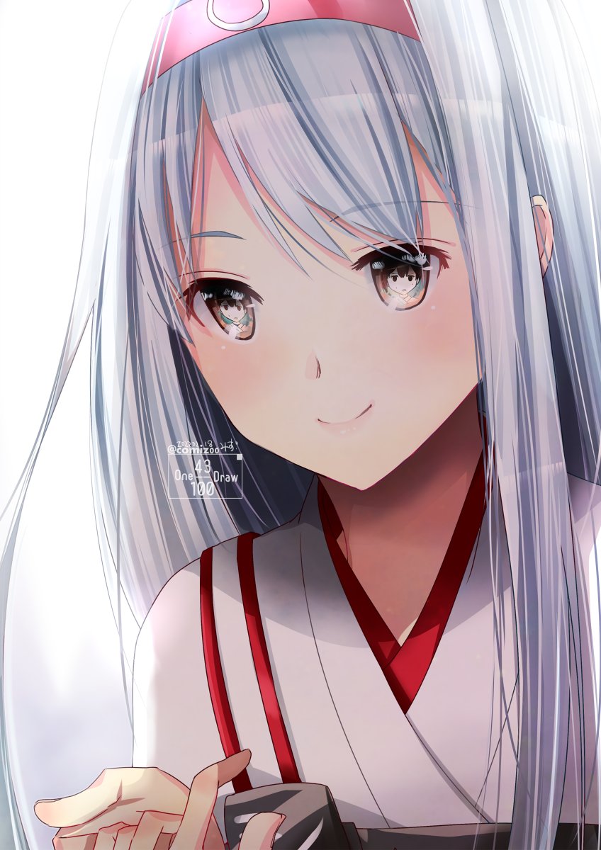 1girl brown_eyes hairband highres japanese_clothes kantai_collection kimura_shiki long_hair muneate red_hairband shoukaku_(kancolle) simple_background smile solo translation_request upper_body white_background white_hair