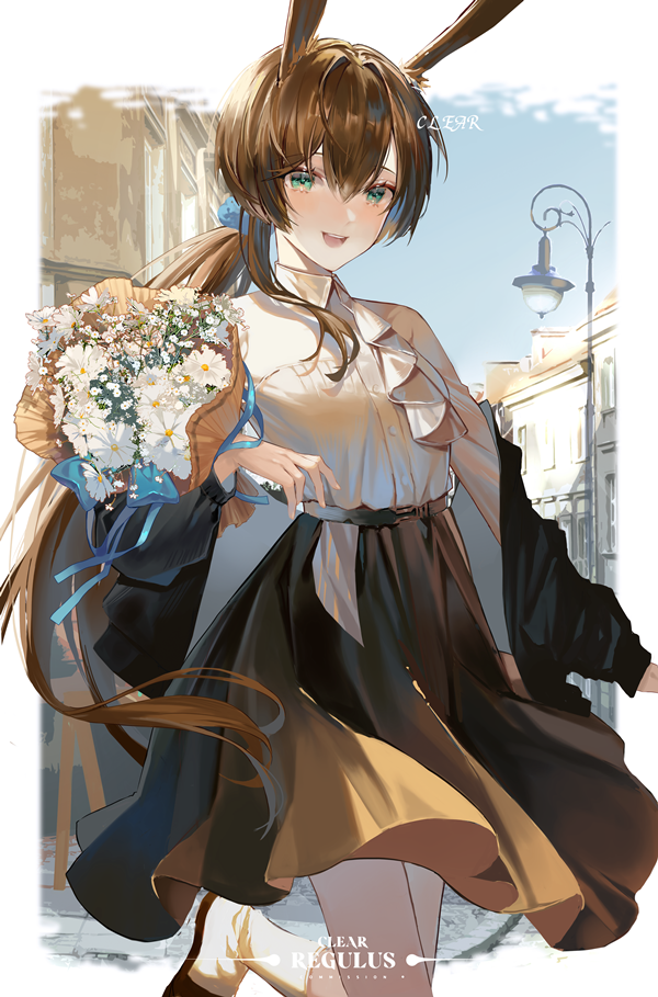 1girl :d alternate_costume amiya_(arknights) animal_ears arknights artist_name ascot belt belt_buckle black_footwear black_jacket black_skirt blush bouquet brown_hair buckle building city clear_regulus collared_shirt commentary commission cowboy_shot day fingernails flower green_eyes hair_between_eyes holding holding_bouquet jacket lamppost long_hair looking_at_viewer off_shoulder open_clothes open_jacket open_mouth ponytail rabbit_ears scrunchie shirt skirt sky smile socks solo standing standing_on_one_leg teeth upper_teeth very_long_hair white_ascot white_flower white_shirt white_socks