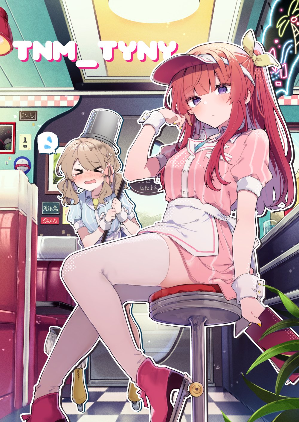 &gt;_&lt; 2girls anna_(ikeuchi_tanuma) apron bangs bar_stool blush booth_seating breasts bucket bucket_on_head closed_eyes diner dress hand_in_own_hair highres holding holding_menu holding_mop ikeuchi_tanuma indoors inline_skates light_brown_hair looking_at_viewer medium_breasts medium_hair menu mop multiple_girls neon_lights object_on_head open_mouth original redhead roller_skates short_sleeves sitting skates spoken_sweatdrop stool sweatdrop thigh-highs tino_(ikeuchi_tanuma) twintails violet_eyes waitress wavy_mouth white_thighhighs wrist_cuffs zettai_ryouiki