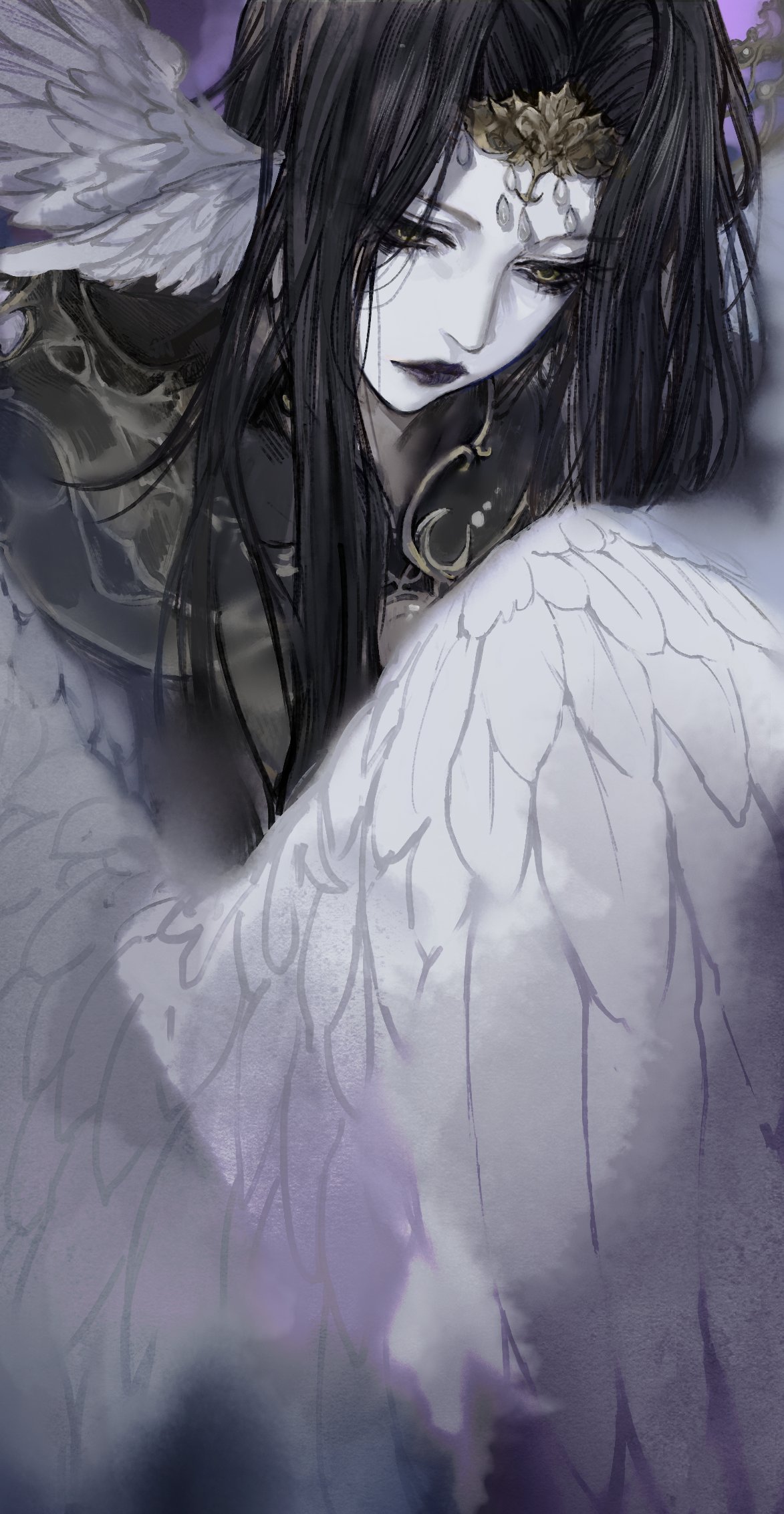 1girl black_hair circlet colored_skin expressionless feathered_wings final_fantasy final_fantasy_xiv hair_intakes half-closed_eyes head_wings highres koulin_ff14 long_hair looking_down multiple_wings purple_lips solo the_endsinger upper_body white_skin white_wings wings yellow_eyes