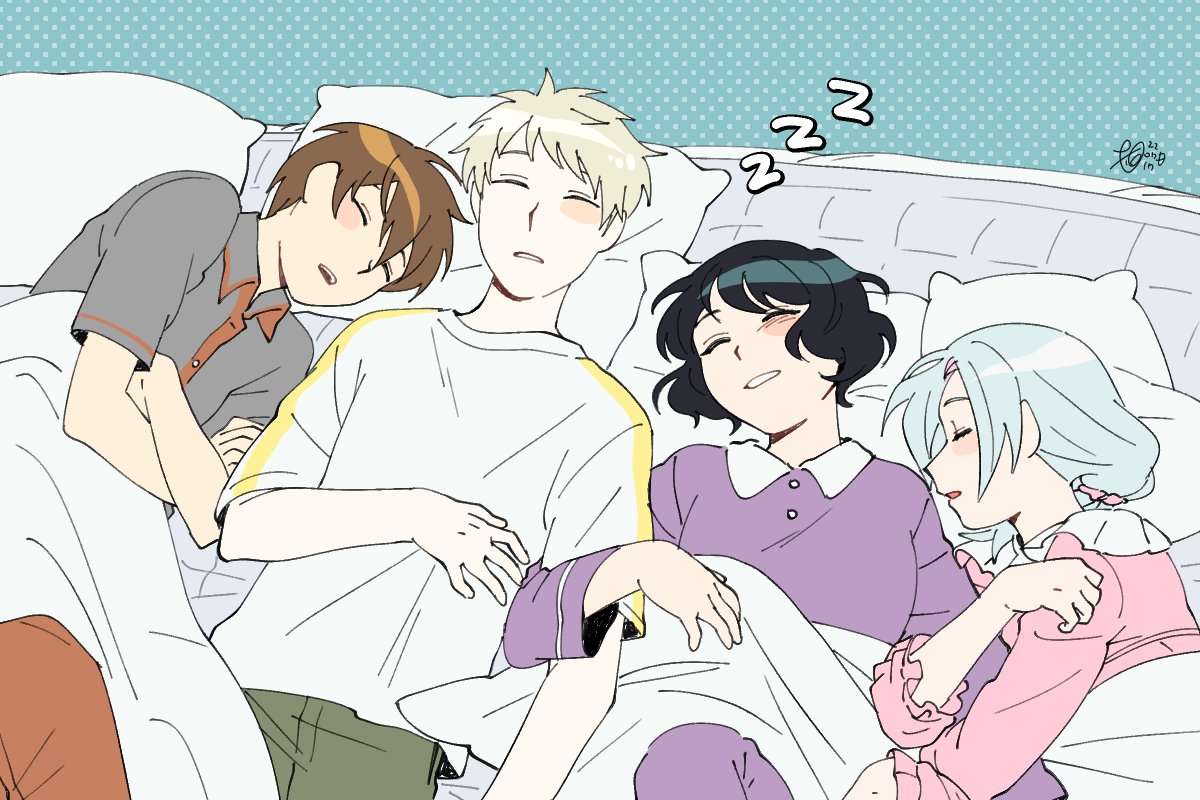 2boys 2girls arm_hug atou_haruki black_hair blonde_hair brown_hair closed_eyes collared_shirt commentary_request enomoto_noa green_pants grey_shirt hair_tie jabuchi_you korean_commentary light_blue_hair long_sleeves lying multiple_boys multiple_girls nightgown on_back on_side open_mouth orange_pants pajamas pants pink_nightgown ponytail purple_pants purple_shirt saibou_shinkyoku shirt short_hair short_sleeves sleeping white_shirt yanagi_nina yobimasen zzz