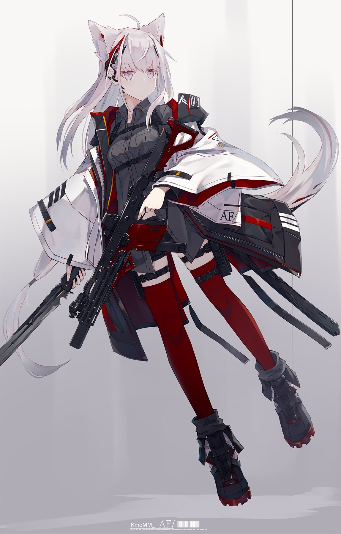 1girl ahoge animal_ears black_footwear black_shorts boots breasts closed_mouth collared_shirt commentary dress_shirt full_body grey_background grey_hair grey_shirt gun headgear highres holding holding_gun holding_weapon jacket kriss_vector long_hair long_sleeves looking_away nagishiro_mito open_clothes open_jacket original pink_eyes red_thighhighs shirt short_shorts shorts small_breasts solo submachine_gun tail thigh-highs thighhighs_under_boots trigger_discipline weapon white_jacket wide_sleeves