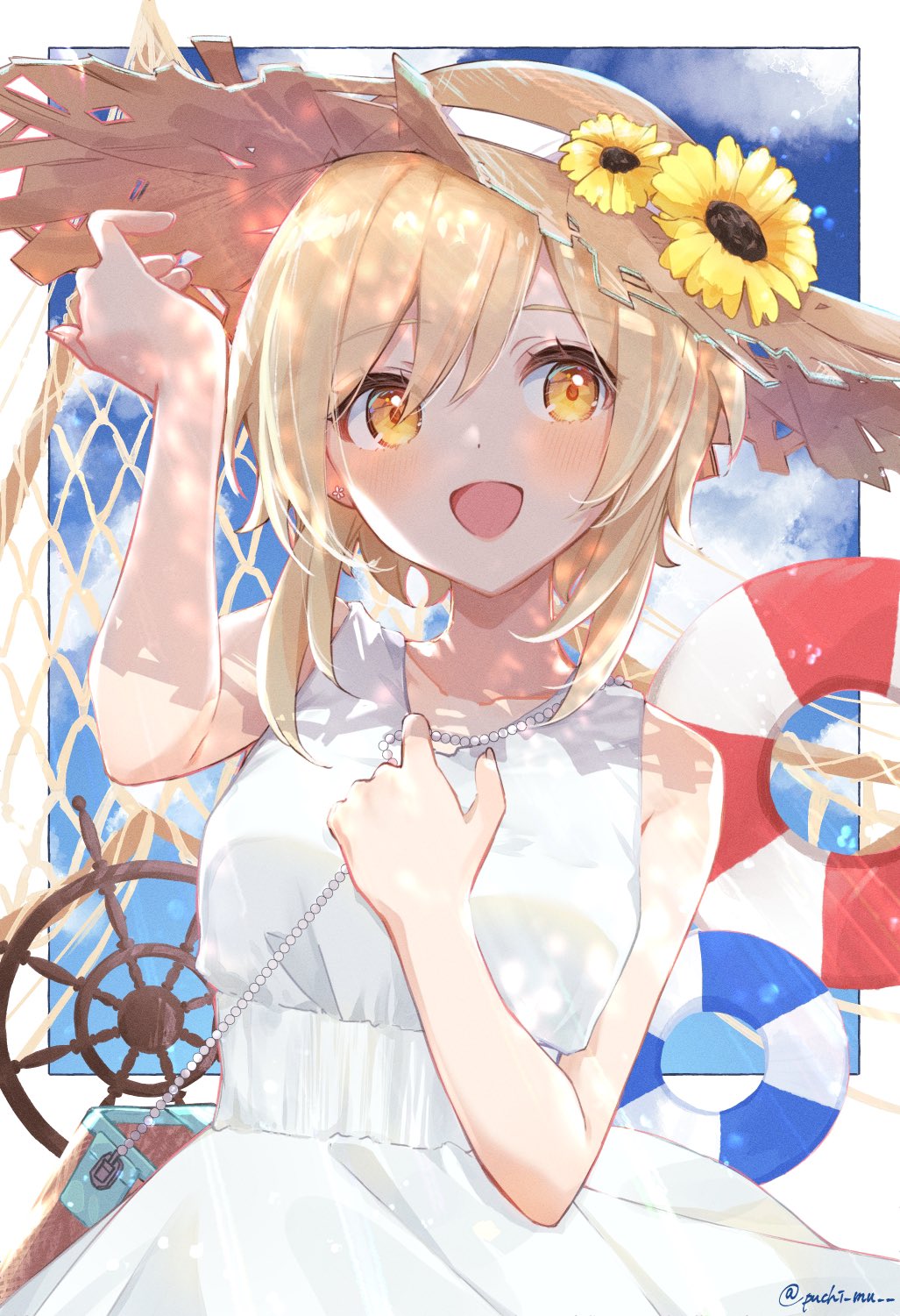 1girl :d bag bangs bare_arms bare_shoulders blonde_hair blush dress facing_viewer flower genshin_impact handbag hat hat_flower highres lumine_(genshin_impact) mayu-mayu1026 open_mouth short_hair smile solo straw_hat sun_hat sundress sunflower swept_bangs twitter_username underbust upper_body white_dress yellow_eyes