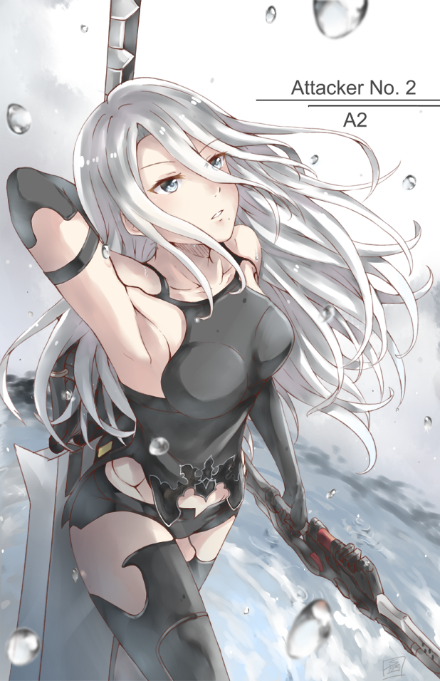 1girl arm_up armband armpits black_armband black_gloves blue_eyes blurry blurry_foreground character_name collarbone copyright_name dual_wielding elbow_gloves gloves greatsword grey_hair hair_between_eyes holding holding_sword holding_weapon limitless_skye long_hair looking_up mole mole_under_mouth nier_(series) nier_automata parted_lips signature solo sword water_drop weapon weapon_on_back yorha_type_a_no._2