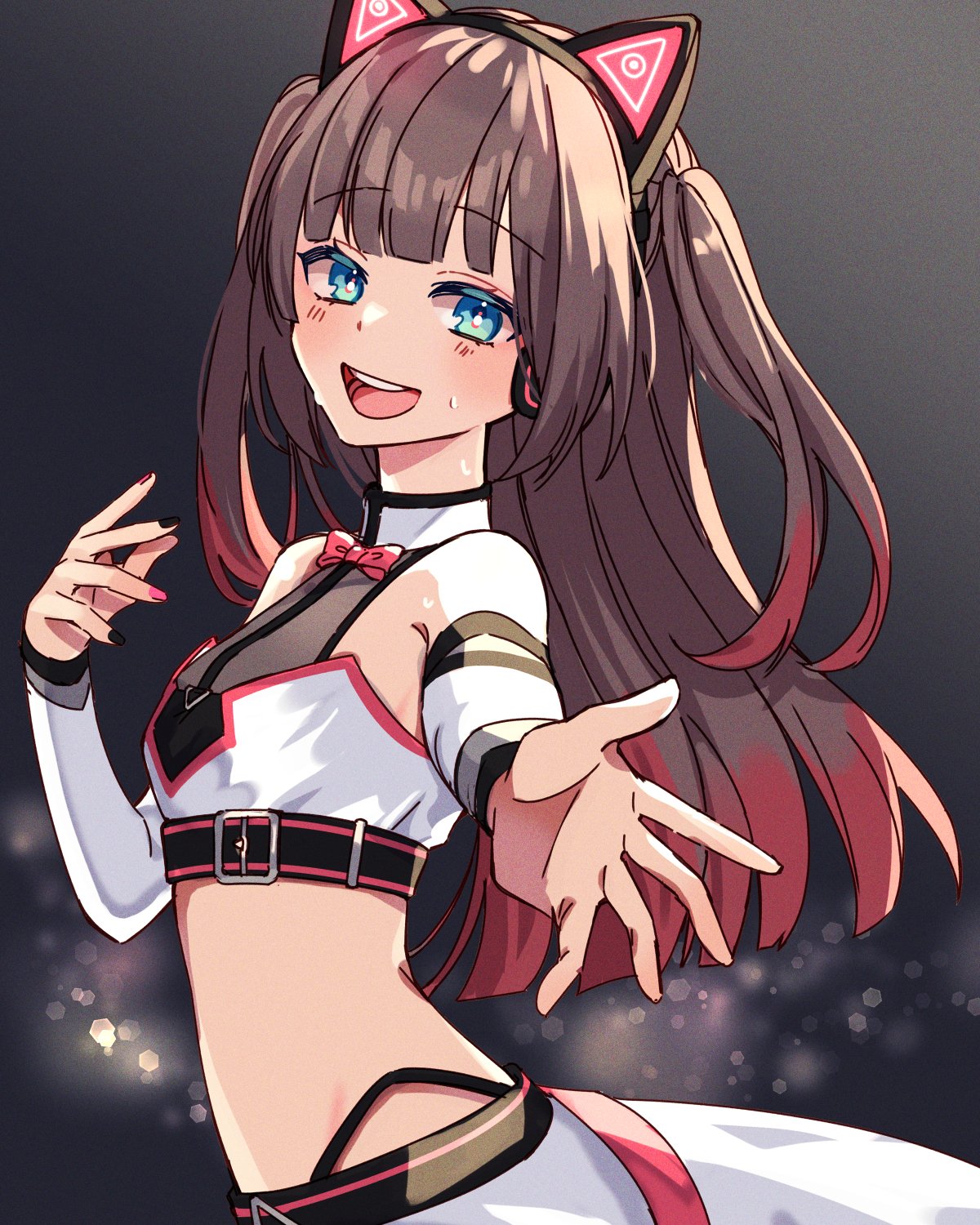 1girl bangs bare_shoulders belt black_belt black_nails blue_eyes blunt_bangs blush bow bowtie brown_hair cat_ear_headphones chest_belt collar cowboy_shot crop_top detached_sleeves headphones highleg highleg_panties highres hololive long_hair looking_at_viewer midriff multicolored_hair natsuiro_matsuri nitumaruta official_alternate_costume open_mouth outstretched_arm panties panty_straps pink_bow pink_nails redhead round_teeth see-through skirt sleeveless smile solo sweat teeth two-tone_hair two_side_up underbust underwear virtual_youtuber white_skirt white_sleeves