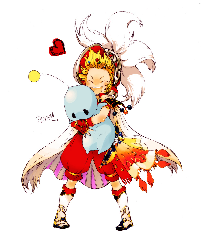 1boy 1other blonde_hair boots cape closed_eyes dissidia_final_fantasy final_fantasy final_fantasy_iii fingerless_gloves full_body gloves hair_ornament heart helmet holding hug hug_from_behind koyokoyo lower_teeth male_focus nanami_(fuku) onion_knight open_mouth pants plume puffy_pants red_pants smile teeth upper_teeth white_background white_cape