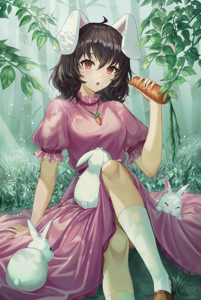 1girl ahoge animal_ears bamboo bamboo_forest bangs black_hair blush breasts brown_footwear carrot carrot_necklace commentary_request dress foot_out_of_frame forest frilled_sleeves frills grass hair_between_eyes inaba_tewi jewelry kama_(kama_ovo) looking_at_viewer medium_breasts nature necklace open_mouth pink_dress puffy_short_sleeves puffy_sleeves rabbit rabbit_ears rabbit_girl shoes short_hair short_sleeves socks solo touhou touhou_lost_word tree white_socks