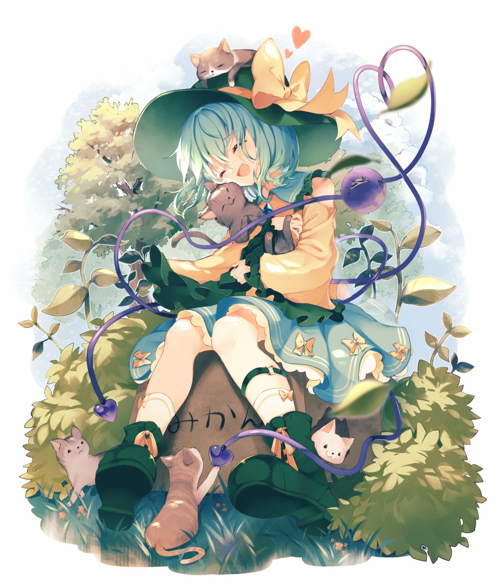 1girl :d ^_^ animal_hug animal_on_head aqua_hair aqua_skirt bangs blouse boots bow bush cat closed_eyes clothing_cutout commentary commission cuddling frilled_shirt_collar frilled_skirt frilled_sleeves frills full_body green_footwear green_headwear hat hat_bow heart heart_of_string komeiji_koishi leg_belt long_sleeves medium_hair on_head ribbon sekisei_(superego51) shirt shoulder_cutout sitting skeb_commission skirt skirt_bow smile socks solo third_eye touhou tree white_socks wide_sleeves yellow_ribbon yellow_shirt