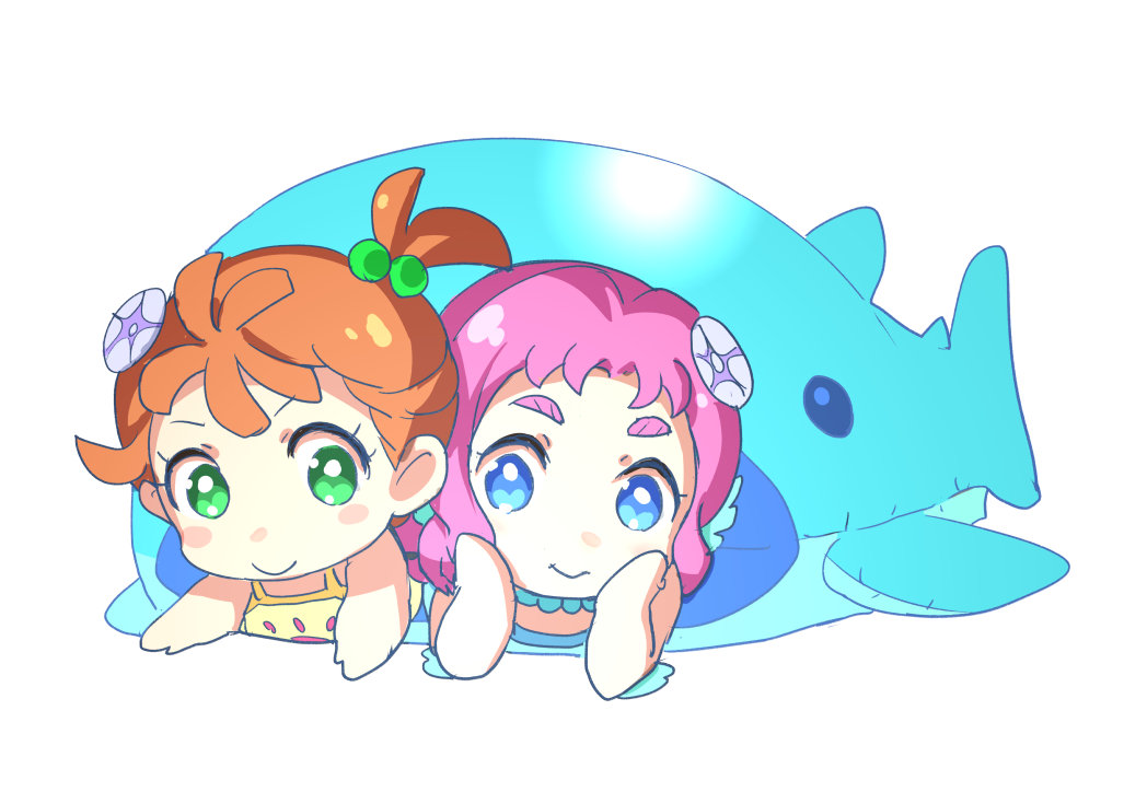 2girls blue_eyes chibi fujisawa_takashi green_eyes hair_bobbles hair_ornament laura_la_mer multiple_girls natsuumi_manatsu orange_hair pink_hair ponytail precure smile stuffed_whale tropical-rouge!_precure white_background