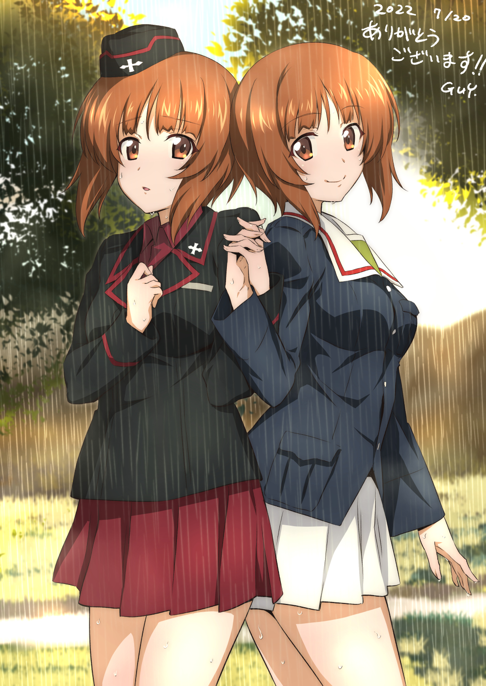 1girl black_headwear black_jacket blue_jacket brown_eyes brown_hair commentary_request commission cowboy_shot dated dress_shirt dual_persona garrison_cap girls_und_panzer green_shirt hat highres holding_hands insignia jacket kuromorimine_military_uniform long_sleeves looking_at_viewer military_hat nakahira_guy nishizumi_miho ooarai_military_uniform partial_commentary pleated_skirt red_shirt red_skirt shirt short_hair skeb_commission skirt smile white_skirt wing_collar