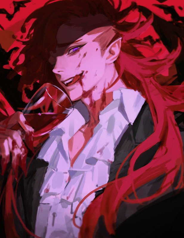 1boy animal bat_(animal) blood blood_on_clothes blood_on_face blood_on_hands cup drinking_glass fang fingernails holding holding_cup licking_lips long_fingernails long_hair looking_at_viewer male_focus one_eye_closed open_mouth original pointy_ears red_theme redhead sharp_fingernails sketch smile solo tongue tongue_out upper_body vampire very_long_fingernails violet_eyes wine_glass wings zero_q_0q